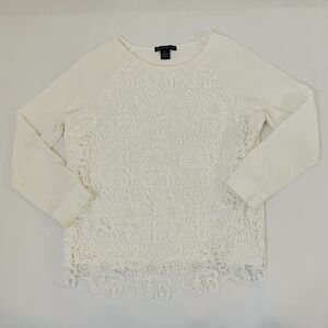 Adrianna Papell Crochet Lace Overlay Top M White Long Sleeve Sweater Preppy Twee